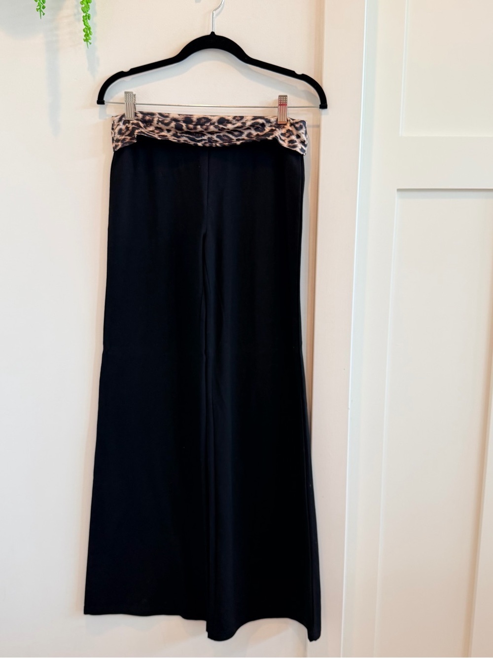 Edikted Black Wide-Leg Pants with Leopard Fold-Over Waist